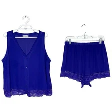 Vtg VAL MODE Women's Sheer Purple Lace Top Shorts Set Lingerie 90s Y2K Sz L