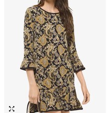 Michael Kors Paisley Print Bell Sleeve Flounce Dress Black Marigold XL Women’s