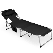 Goplus Outdoor Beach Lounge Chair Folding Chaise Lounge w/Storage Bag Black