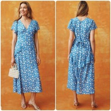 RIXO x RTR Evie Blue Floral Midi Faux Wrap Dress Size 6 blue white ruffled 