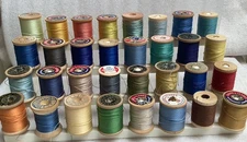 Vintage Sewing Thread Lot of 36 Wooden Spools on Tiered Plastic Rack