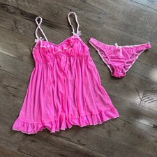 Y2K LNWOT Victoria's Secret Pink Babydoll Chemise  Panty Set Sheer Ruffle Sz L