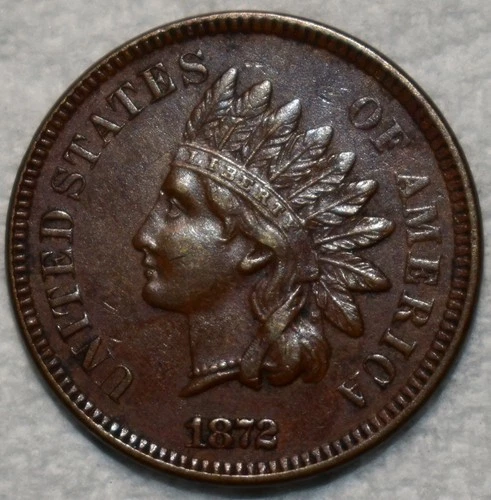 About Uncirculated 1872 Indian Head Cent, Lustrous, Chocolate-Brown, Semi-Key!