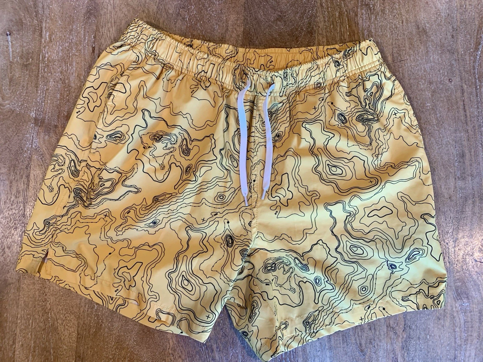 🔥BEARBOTTOM Shorts🔥Mens LARGE 🔥Yellow Map Print Swim Trunks 5.5 Inseam Lined