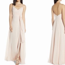 Jenny Yoo Amara Tie Waist V-Neck Gown, Soft Blush 10 Evening Dress Pink RT$280