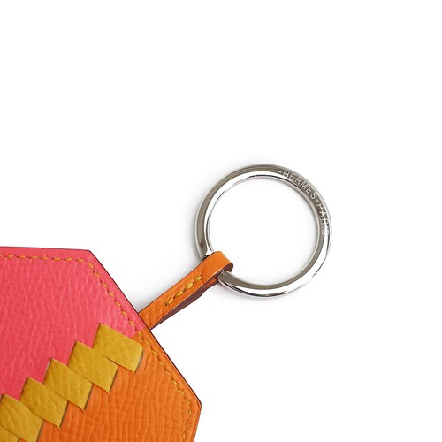 Porte-clés HERMES Clochette Clé Grand Tressage Epsom Rose Azalée & Abricot officiel & Ambre