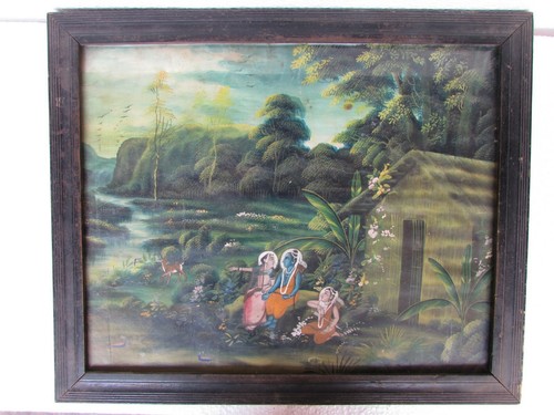 Vintage Old Hand Painting Vanvas God Ram Lakshman Sita And antelope With Framed - Imagen 8 de 8