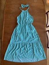 Women’s Polka Dot Halter Maxi Dress Size Medium Hi Low Tiered Green White