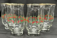 Vintage Set Of 4 Libbey Holly Berry Clear Footed Tumbler Glasses 5 1/4" Tall