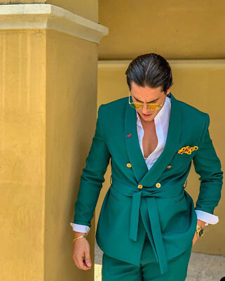 Green Men Suits With Belt Double Breasted Formal Tuxedos Wedding Groom  Blazer | eBay