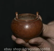 1.8" Xuande Marked Chinese Copper 2 Handle 3 Leg Round Incense Burner Censer