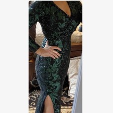 windsor long prom dress long sleeve with slit at bottom emerald green sparkles
