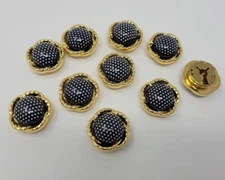 10 pcs Vintage Navy Blue & White Polka Dot Gold Brass Flower Button Covers