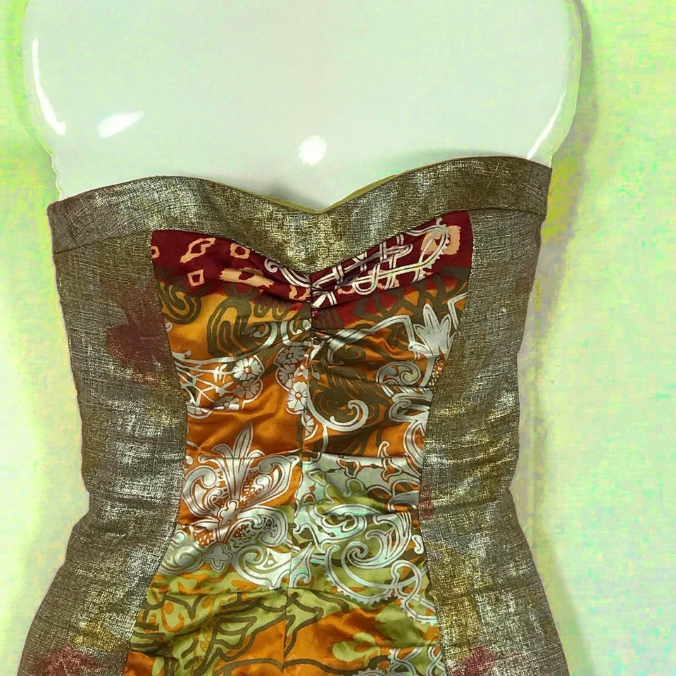 Vestido sin tirantes NICOLE MILLER metálico dorado rojo naranja floral seda para mujer talla 0 Foto 3 de 4