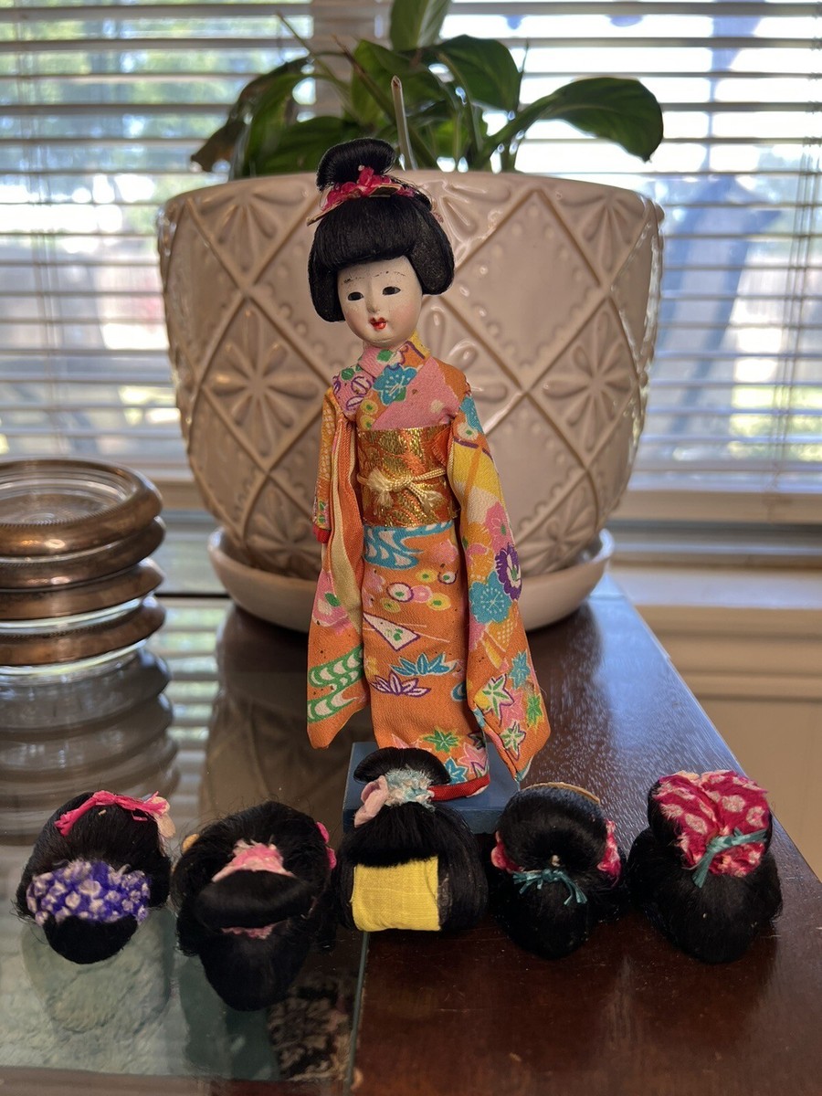 Vintage Hanako Japanese Hair Dressing Doll w/ 6 Wigs Toy Wood Box