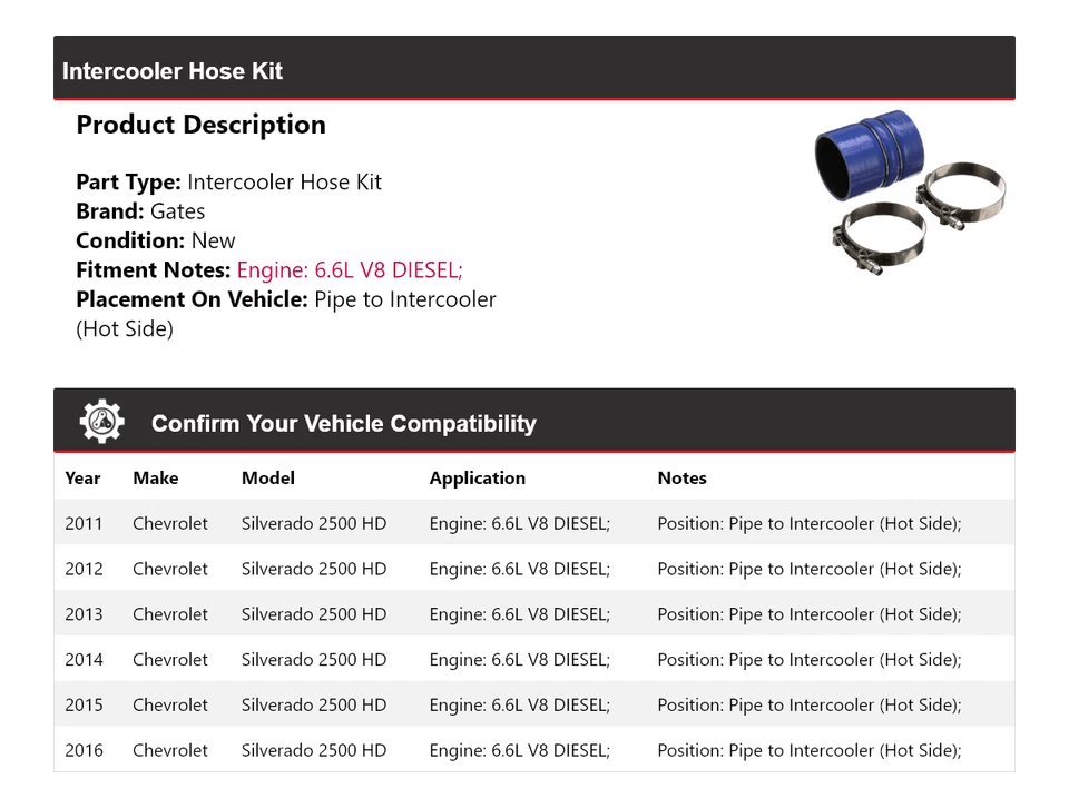 Kit de manguera intercooler puertas 2012 2013 para Chevrolet Silverado 2500 HD 2011-2016 Foto 2 de 4