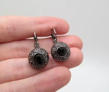 Vintage Silver Tone Solid Twist Rope Black Dome Oxidized Dangle Drop Earrings