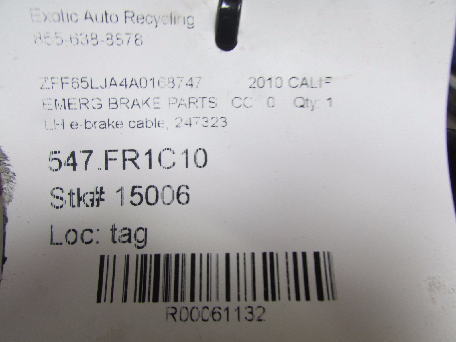Ferrari California, LH Left E-Brake Cable, Used, P/N 247323