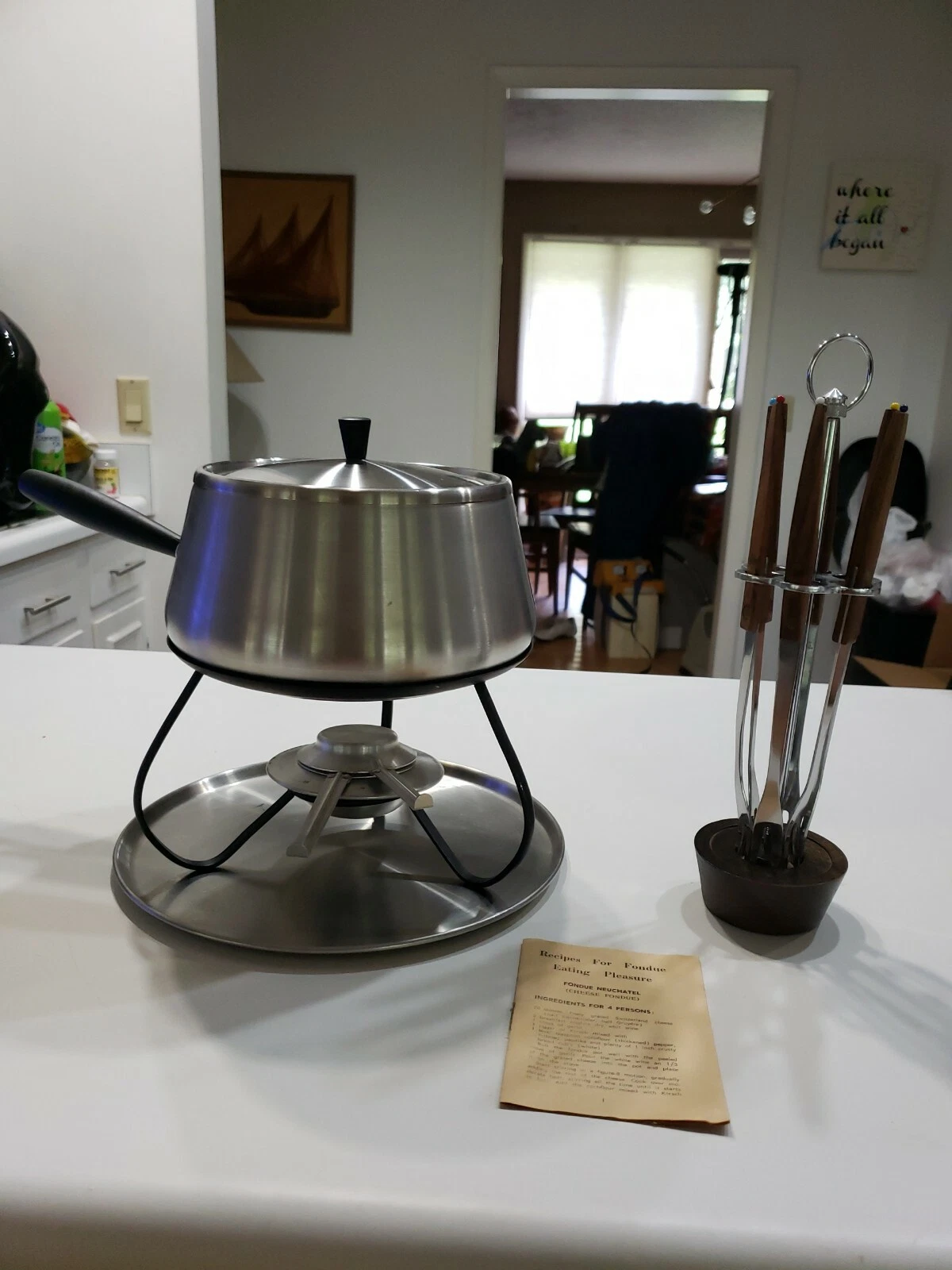COOL VINTAGE STAINLESS STEEL Teak FONDUE POT & 6 FORK SET, MID CENTURY MODERN
