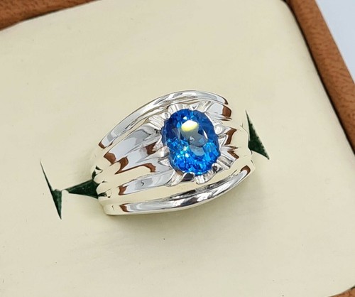 Natural Blue Topaz With 14K White Gold Plated Silver Ring for Men's AJ597 - Picture 3 of 11