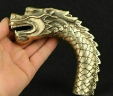 Chinese Old Brass Handmade Carved Dragon Statue Cane Walking Stick Head