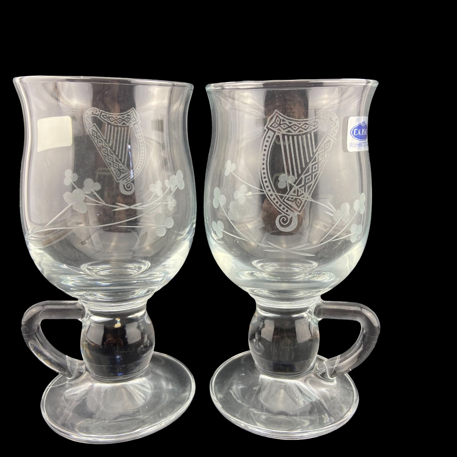 Duiske Irish Coffee Mugs Handcut Glass New Harp & Shamrock Design Set