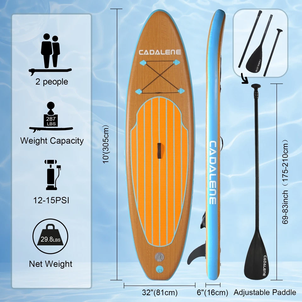 CADALENE 10ft Inflatable Stand Up Paddle Board Large Wide Wooden SUP Paddleboard - Image 4 of 4