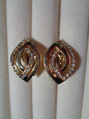 Ohrclips Vintage Modeschmuck 2,5cm Gold Strass Steine #S1