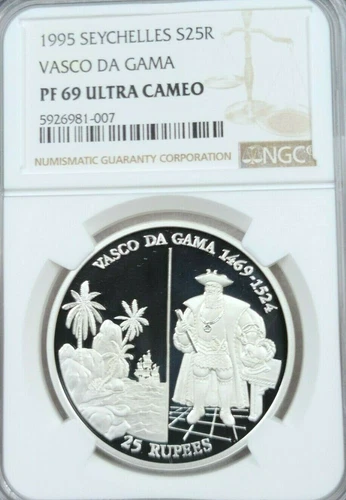 1995 SEYCHELLES SILVER 25 RUPEES VASCO DA GAMA NGC PF 69 ULTRA CAMEO TOP POP !