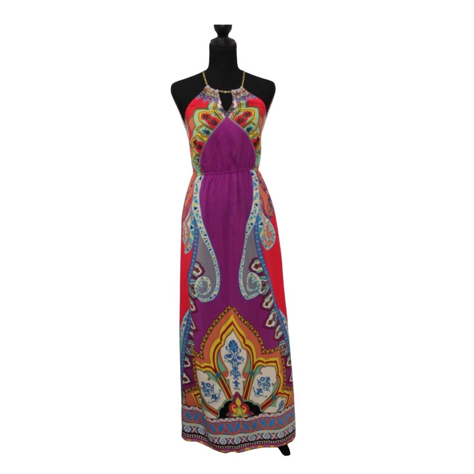 Flying Tomato Maxi Dress Womens Medium Purple Paisley Halter Chain Boho Goddess
