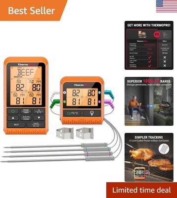 Advanced RF Wireless Meat Thermometer - 1000ft Range & Smart Alerts for Grilling