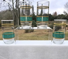 4 Vtg 1960s Highball Glasses Culvers Ltd Barware Green Gold Black Stripe 16 Oz