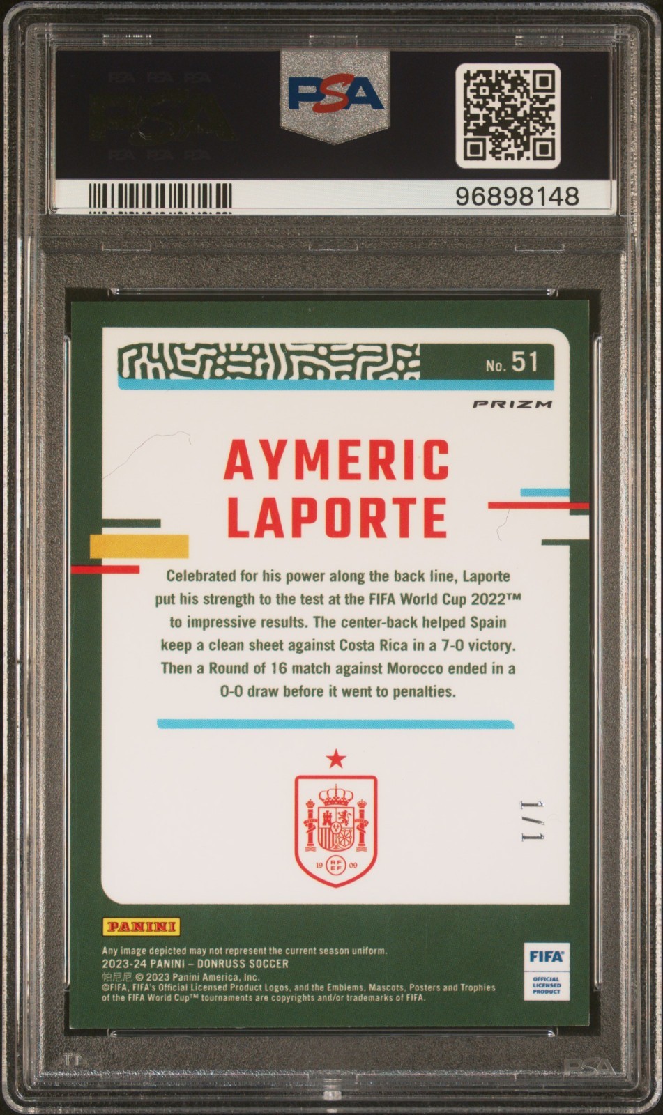 2023-24 Aymeric Laporte Panini Donruss Optic Black Velocity Spain Card 1/1 PSA 8 view 2