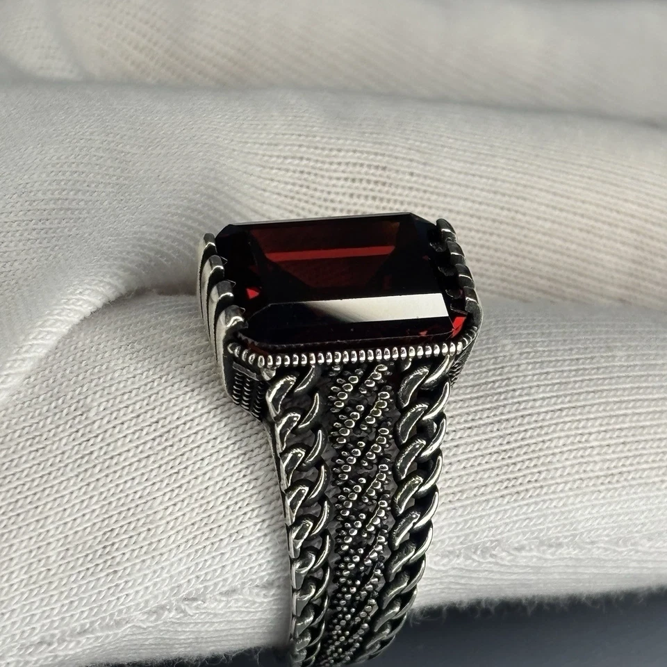 Handmade 925 Sterling Silver Ruby Men's Ring - Chain Turkish Design,Red Stone - Image 3 of 4