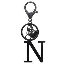 Heart Initial Letter Keychain, Stainless Steel Keyring Backpack Charm, Black N