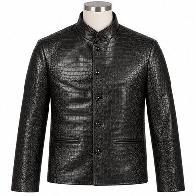 Herren Schwarz Krokodil Prägung Lederjacke Alligator Print Luxus Knopf Mantel