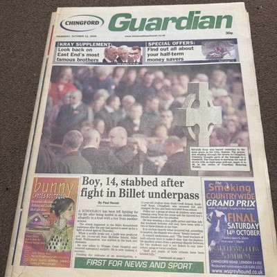 Chingford Guardian Zeitung, mit Reg Kray Bestattungsartikel. Papier unvollständig.