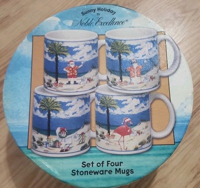 Noble Excellence Sunny Holiday Coffee Mugs Set of 4 Christmas Santa On Beach box