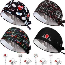 4 PCS Satin Scrub Cap Women Nurse Hat With Button Sweatband Adjustable