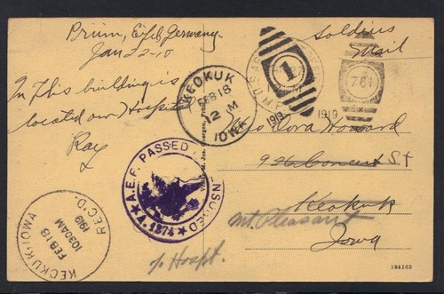 U.S. 1919 MILITARY ARMY P.O. IN GERMANY CENSORED CARD TO KEOKUK, IOWA