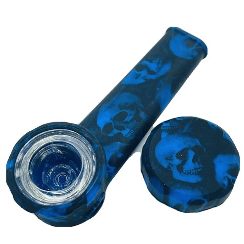 Silicone Smoking Pipe with Glass Bowl & Cap Lid Blue Skulls eBay