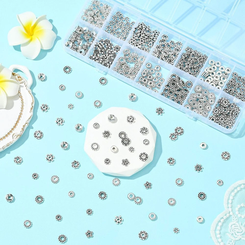 Cuentas espaciadoras de plata antiguas 420 un., cuentas de flores redondas tibetanas para hacer joyas Foto 4 de 4