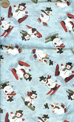 VINTAGE! SNOWMAN WITH SKIS ON BLUE -  1.75 YARDS