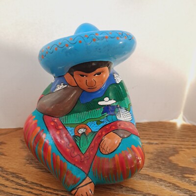 Mexico Pottery Man Sitting With Hand Under Face 5 3/4'' Tall