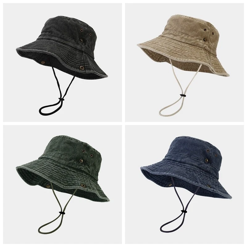 Men Bucket Hats with String Wide Brim Fishing Hiking Sun Protection Caps  Vintage