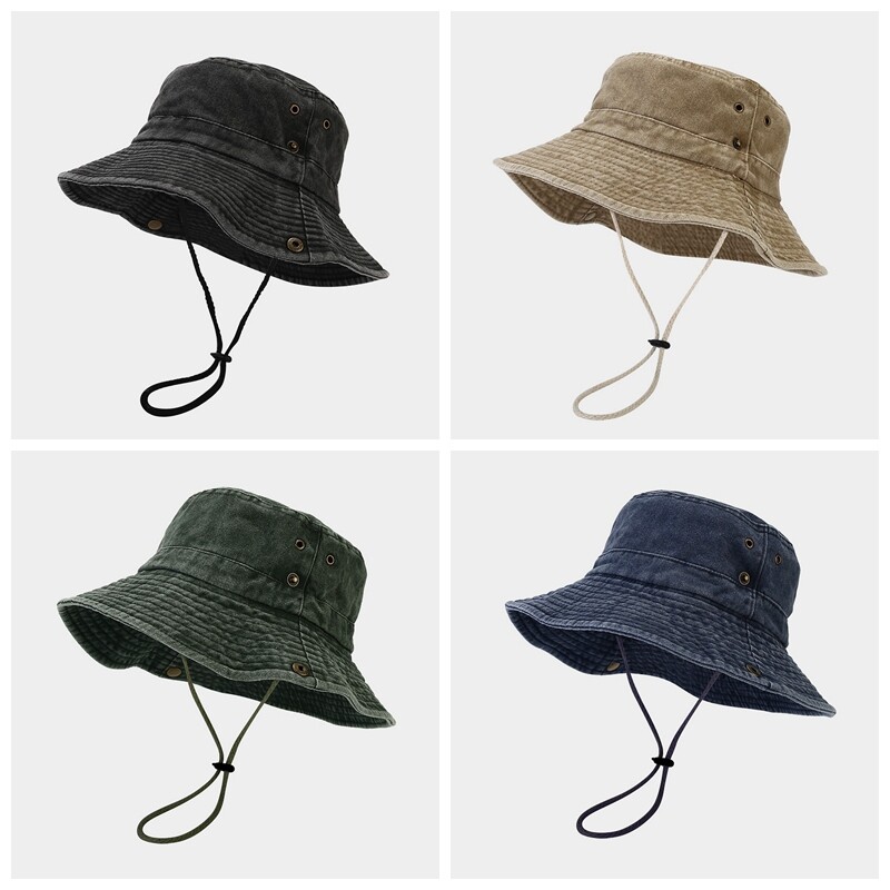 Men Bucket Hat with String Wide Brim Fishing Hiking Sun Protection Cap ...