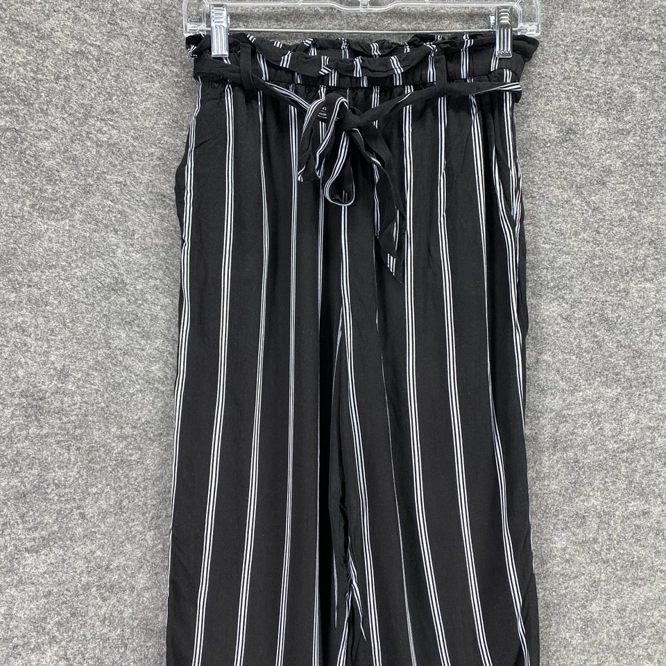 Pantalones de chándal H&M para mujer 2 negros blancos a rayas con cinturón cintura elástica tiro alto Foto 3 de 4