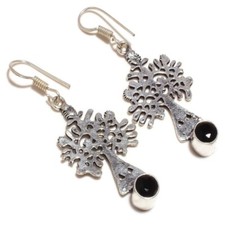Natural Egyptian Black Onyx Gemstone Handmade Engraved Drop Dangle Tree Earrings