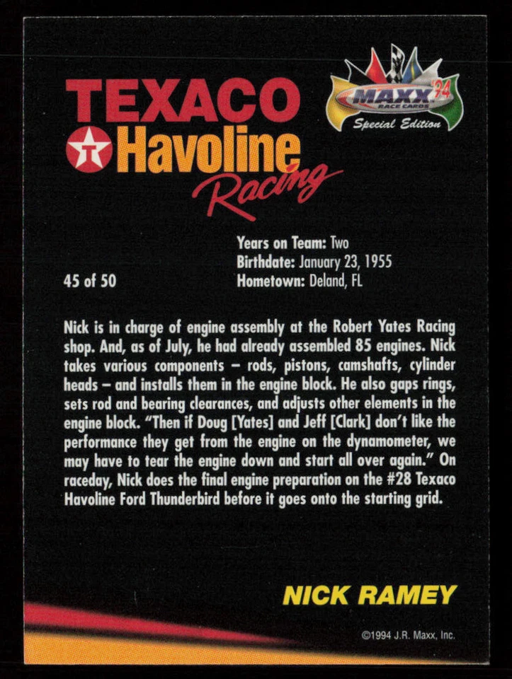 Nick Ramey 1994 Maxx Texaco Havoline Racing #45 Robert Yates Racing - Image 2 of 2