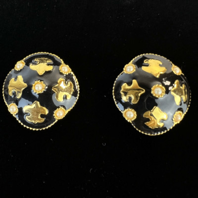 Vintage Ginnie Johansen Earrings Black Enamel Gold Tone Pearls Signed GJD